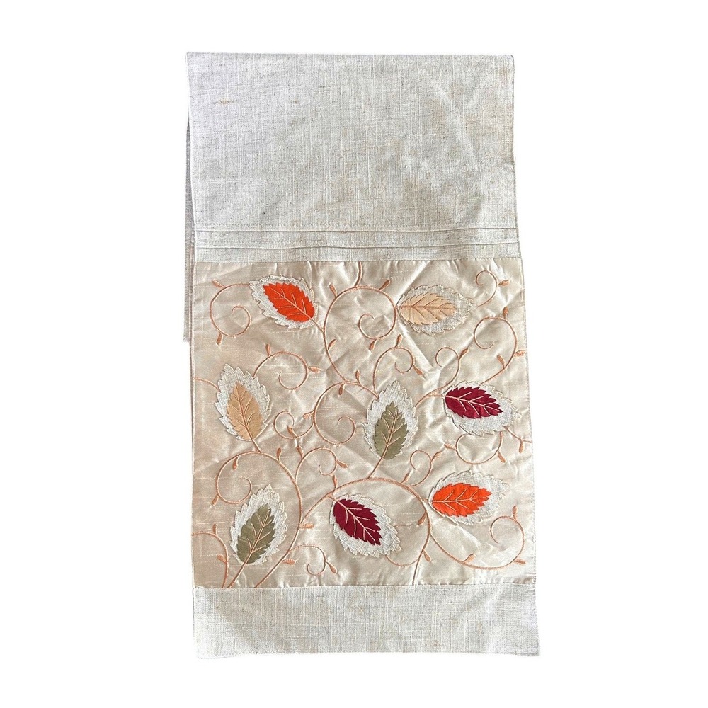 Gardeners Eden Fall Embroidered Leaf Table Runner Beige Orange Red Autumn Decor